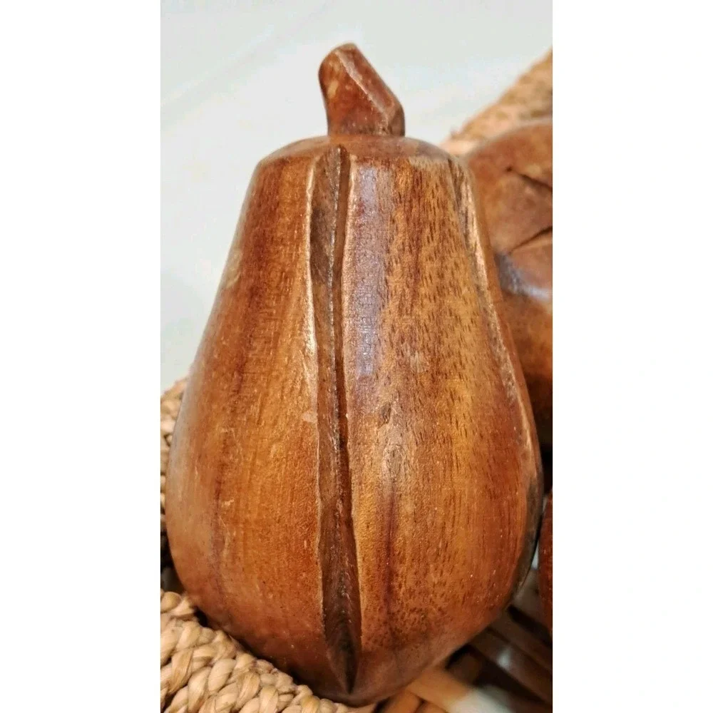 Vintage Hand Carved‎ Wooden Fruit Set with Woven Wicker Basket Centerpiece Decor